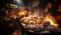 Working in a commercial kitchen, a craftsperson prepares a gourmet meal, baking fresh bread in a wood fired oven