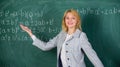 Working conditions for teachers. She likes her job. Back to school concept. Woman smiling educator classroom chalkboard Royalty Free Stock Photo