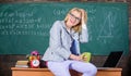 Working conditions for teachers. Working conditions which prospective teachers must consider. Woman smiling teacher Royalty Free Stock Photo