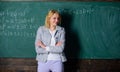 Working conditions which prospective teachers must consider. She likes her job. Back to school concept. Woman smiling Royalty Free Stock Photo