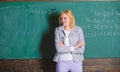 Working conditions which prospective teachers must consider. She likes her job. Back to school concept. Woman smiling Royalty Free Stock Photo