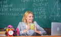 Working conditions which prospective teachers must consider. Working conditions for teachers. Woman smiling teacher Royalty Free Stock Photo