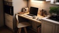 A working corner in the kitchen: a compact desktop in the kitchen area for working on a computer