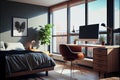 Working corner with monitor, laptop, wooden desk, ergonomic chair and decorate object in bedroom