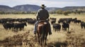 Working cowboy on horse herding Angus cattle on open range. Generative AI Royalty Free Stock Photo