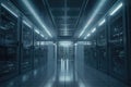 Working data centre with rows of rack servers, server room, big data storage. Generative AI