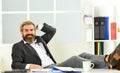 Working day. CEO has to be moral leader of company. Man bearded boss sit office. Manager solving business problems Royalty Free Stock Photo