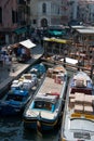 View of Venice showing working boats on the Grand Canal in the heart of the city, Venice, Italy