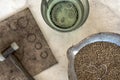 Working desk for craft jewelery making with professional tools. Grunge wooden table. View from above. Copy space Royalty Free Stock Photo