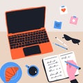 Working desk with laptop. Home workplace computer, cartoon hands and notebook screen, abstract card. Vector illustration