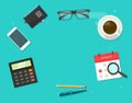 Working desk table above with copy space text or work place desktop top view with coffee cup and research objects vector Royalty Free Stock Photo