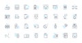 Working doing linear icons set. Laboring, Tasking, Occupying, Employed, Undertaking, Engaged, Producing line vector and