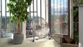 Electric fan with red wriggle ribbon designed to cool air and supply wind is located on windowsill