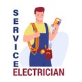 Working electrician with tools. Wires, tester in hands. Service electrician. Vector illustration in flat cartoon style. Isolated