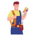 Working electrician with tools. Wires, tester in hands. Vector illustration in flat cartoon style. Isolated on a white background