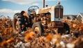 Working farmer driving old tractor in rural autumn landscape generated by AI Royalty Free Stock Photo