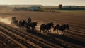 Working farmer plows hay field at sunset generated by AI