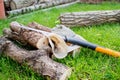 Working in garden, a mann sawing a chump of wood