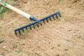 Working In Garden With Rake Leveling Ground. Work In Garden With Rake. Preparation Of Ground For Seeding and Planting