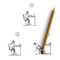 Working girl - girl sitting with laptop, working and becoming exhausted vector concept set