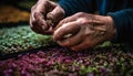 Working hand crafts homemade flower using organic materials in nature generated by AI