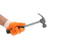 Working hand in glove holding a hammer on white background Royalty Free Stock Photo