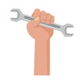 Working hand with working tool hammer, wrench. Labor Day. Icon, illustration