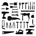 Working hand tools silhouette. Construction and home repair toolkit logo icons. Workshop hardware, drill, hammer, saw