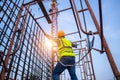 Working at height equipment constructive. Fall arrestor device for worker with hooks for safety body harness on selective focus. Royalty Free Stock Photo