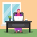 Working at home, coworking space, concept illustration. Young people,Woman moslem at home in quarantine. Muslim woman vector,