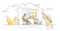 Working from home with distant domestic workplace monocolor outline concept