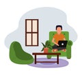 Working at home, guy using laptop computer in living room, people at home in quarantine Royalty Free Stock Photo