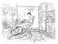 working at home in hand-drawn style