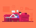 Working from home illustration, boy using social media on laptop and mobile phone inside home vector illustration