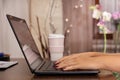 Working at home with laptop woman writing a blog Royalty Free Stock Photo