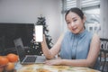 Working from home lifestyle young woman is business at home office, happy for working in the room, using portable computer empty s Royalty Free Stock Photo