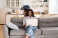 Work from home with naughty kid: young mom use laptop for business sit on sofa with bored son attack