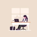 Working at Home Office, Character Sitting at Desk in Room, Looking at Computer Screen, Vector Illustration Royalty Free Stock Photo