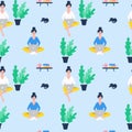 Working from home seamless pattern. Freelance woman working on laptop at her house. Work at home concept design. Vector