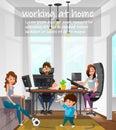 Working at Home Cartoon Family Freelance Work