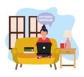 Working at home, woman using laptop in living room with books and coffee cup, people at home in quarantine Royalty Free Stock Photo