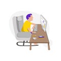 Working at home, young man people character works on computer, flat design vector illustration Royalty Free Stock Photo