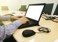 working on laptop close up of hands of business man. Royalty Free Stock Photo