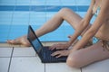 Working with laptop in pool