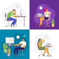 Working late. Overtime work, busy workaholic worker and employees with office laptops. Deadline flat vector illustration set Royalty Free Stock Photo