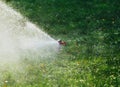 Working lawn sprinkler spraying water over green grass Royalty Free Stock Photo