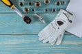 Working leather protective gloves tools set car mechanics wrenches equipped tool auto mechanic Royalty Free Stock Photo