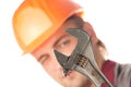 Working man with adjustable wrench Royalty Free Stock Photo