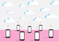 Cloud system for backup data of mobile phone or other gadgets on pink and light blue cartoon design, illustration vector.