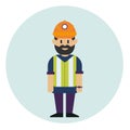 Working man in helmet and reflective waistcoat. Vector flat design illustration